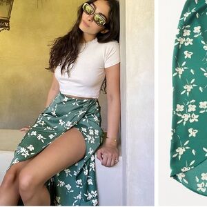 Urban Outfitters Green and cream floral high slit wrap midi skirt